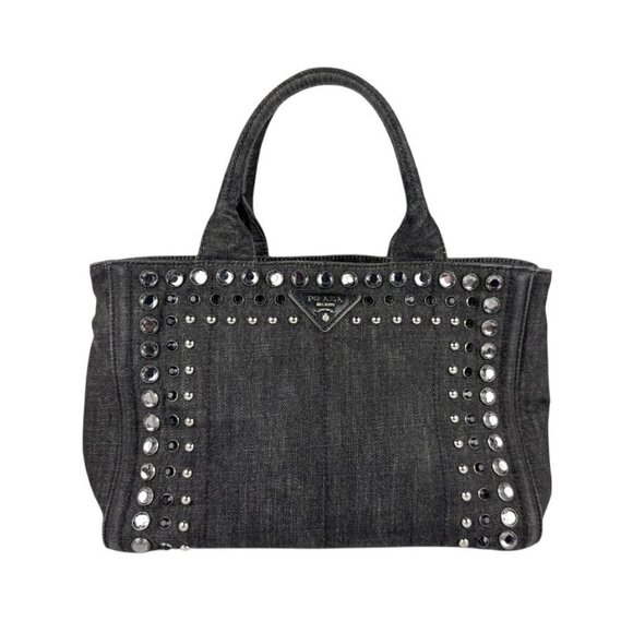 Auth PRADA Bijou Handbag Shoulder Bag Black Denim/Metal - Picture 1 of 14